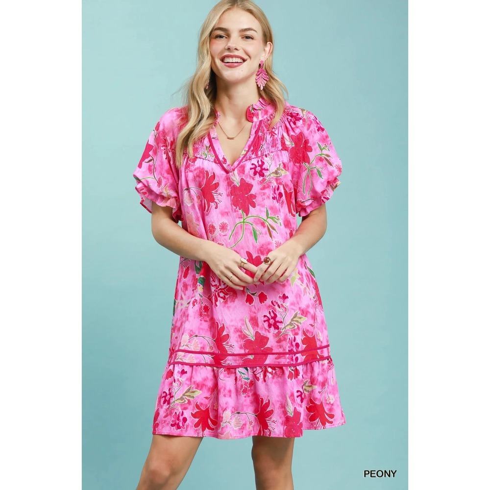 Umgee Floral Ruffle Hem Mini Dress - Peony - Small